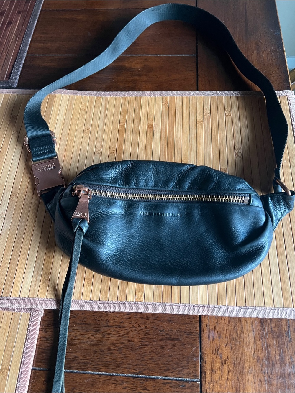 Aimee Kestenberg Black Leather Belt Bag with Rose Gold Hardware
